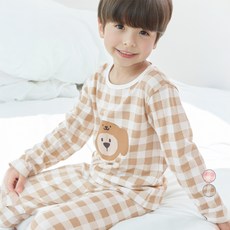 LollyTree 兒童30支單面九分格紋小熊印花家居服上下套裝