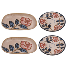 JUST HOME 日本製玫瑰花陶瓷餐盤 5836-10 平盤16.5 x 2.8cm 橢圓盤18.7 x 12.8 x 2.5cm 平盤2個 + 橢圓盤2個, 平盤 + 橢圓盤, 玫瑰花, 1組