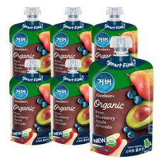 거버 오가닉 파우치 퓨레 이유식 99g, 배 + 블루베리 + 사과 + 아보카도 혼합맛, 6개