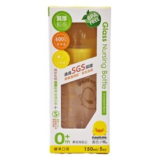 PiYOPiYO 黃色小鴨 標準口徑質厚輕感玻璃奶瓶, 150ml/5oz, 耐高溫, 抗酸鹼, 1個