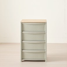 HOMZ 브리다 라탄 우드탑 와이드 서랍장, 올리브그린, 4단