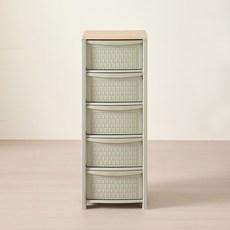 HOMZ 브리다 라탄 우드탑 서랍장, 올리브그린, 5단