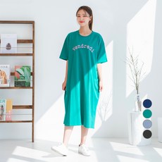 CARET 女款文字圖案短袖平紋針織長版連衣裙, 綠色