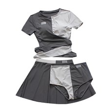 女款成人泳衣 交叉短袖分體褲裙3件組, S, 黑白相間