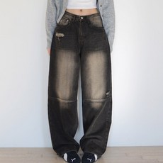 수비진 여성용 빈티지 데미지 와이드 데님팬츠 숏기장 SP