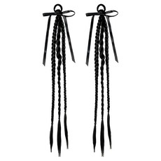 綁帶式三股辮雙馬尾造型假髮片, 黑色, 2個