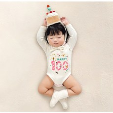 ikii 유아용 100일 기념 바디수트 긴팔 + 케이크 모자 + 기프트 박스 + 쇼핑백