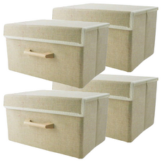 妃妃嚴選 加厚亞麻收納籃 白+米/湖水藍/棕+灰 大中小款, 中, 米色 + 綠色, 4個