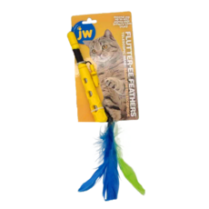 Petmate jw 伸縮羽毛逗貓棒 易握手柄 逼真羽毛附件, 藍色 + 綠色 + 黃色, 1支