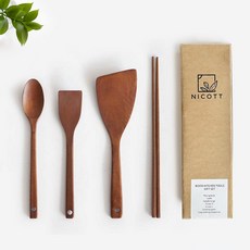니코트 우드 조리도구 4종 세트, 뒤집개S + 뒤집개L + 요리스푼S + 튀김젓가락, 1개