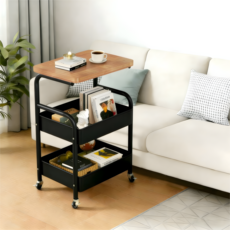 프란다스 바퀴 달린 이동식 철재 가정용 360도 회전 선반, 원목 블랙, 3단