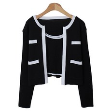 Planday 線條配色短版無袖背心長袖開襟衫套組