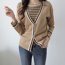제니트 여성용 베이직 배색 긴팔 모크브이라인 니트 가디건 g1280