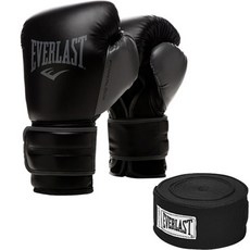 EVERLAST 訓練拳擊手套+專業裹手繃帶組, 黑灰色（手套），黑色（手包）