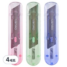 deLi 得力 透明安全快遞開箱迷你文具美工刀3件組 2079-C, 粉紅色 + 綠色 + 藍色, 4套
