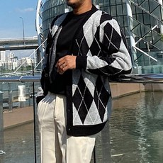 Fivelarge 大尺碼菱格紋撞色圖案寬鬆針織開襟衫