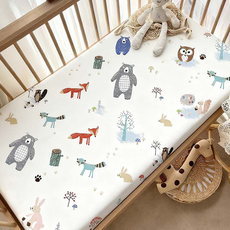 HABABY BED 嬰兒床包 一般嬰兒床專用 台灣製 床型適用, 熊與松鼠 白色, 1個