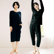 테라우드 나라라 여성용 홈 이지웨어 라운드넥 상하의 + 루즈핏 원피스 세트