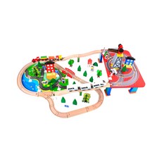 KiKimmy 城市木製電動軌道車組 88件組 仿真場景佈置 角色扮演 認識各式車類、顏色認知、形狀辨識, 1組, 原木色