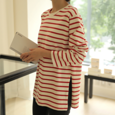 빼빼 여성용 통기성 옆트임 스트라이프 롱 티셔츠