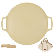 LENANSE 韓國IH不沾煎烤盤 附煎烤盤收納袋 + 木頭隔熱套 36cm 奶油黃 1170g, 42.5cm, 1組