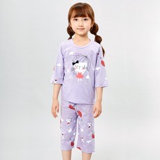 Kids Line 女童貓咪印花長袖T恤+7分褲居家套裝