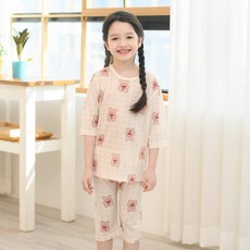 bonumam 兒童涼感透氣蝴蝶結小熊七分袖空氣網眼居家服上下套裝