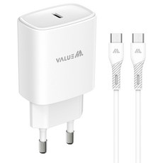 VALUEM GaN 25W PD PPS 超高速充電器 + Type-C to Type-C 連接線套組, 白色, 1套