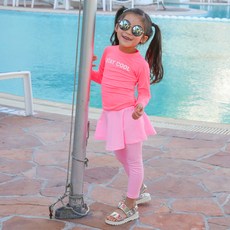 ROROCHAT 女童文字印花長袖防曬泳衣+假兩件式短裙內搭長褲套裝