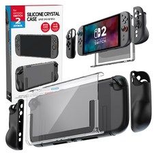 JOYTRON Nintendo Switch 2 充電座相容 矽膠水晶保護殼 + Joy-Con 搖桿帽 2入組, 1套, 保護殼(SW2-CASE05), 黑色