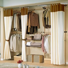 가화홈시스 우드 5단 바구니수납 드레스룸 트리플커튼 행거 WSLB4502STC, 기둥(우드) + 부품(검정) + 커튼(브라운)