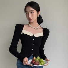 PEONIST 女款方領撞色翻領羅紋針織T恤