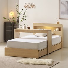 보니애가구 헤일리 LED 3단 수납침대 + 포켓스프링매트리스 스파인코어 + 베드테이블 세트 방문설치, 네추럴 오크