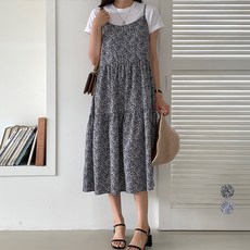 afinar 女款碎花荷葉邊馬甲長版連身裙, 藍色