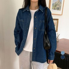 afinar 女款水洗雙口袋基本款牛仔襯衫