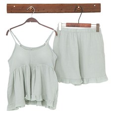 GLAM GONGGAM 女款透氣泡芙荷葉邊附胸墊細肩帶兩件式棉質睡衣上下套裝