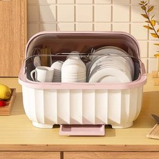 Block Mart 廚房碗盤收納盒 附蓋小型餐具瀝水架, 1層, 粉紅色