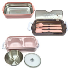 雙層不鏽鋼便當 Set 8件 304不鏽鋼/PP 粉色, 1組