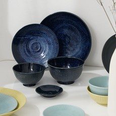 니토리 초경량 컬러 자기 1인 식기 세트, 1세트, 식기 5종, 네이비