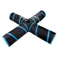 skylife 貓隧道 四通 聚酯纖維布材質 附一顆吊球, 藍色 + 黑色, 1個