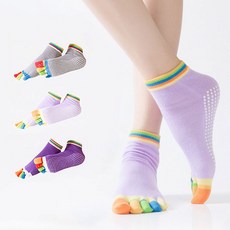 에델린 여성 컬러풀 논슬립 토삭스 필라테스 발가락 양말 3켤레, 컬러그레이, 컬러라이트퍼플, 컬러퍼플, 1세트