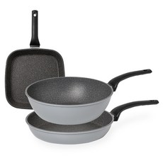 QUEENSENSE 日常平底鍋3件組, 1套, 方形煎鍋 27cm + 平底鍋 28cm + 炒鍋 28cm, 灰色