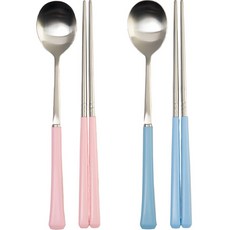 RAONNURI 素色握柄勺筷組, 粉色+天藍色, 湯匙 2入+筷子 2雙