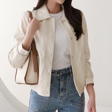 퀸이즈 여성용 카라넥 버튼 포인트 레더 자켓