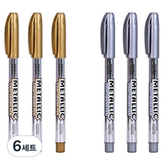 파보라보 부드러운 잉크 메탈릭 마카펜 골드 3p + 실버 3p 14 x 1.2 cm 세트, 6세트, 2색