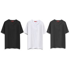 Alvete 20支 100%純棉 基本素色 V領 短袖 透氣 T恤 3件組 AB-HV, 白色, 黑色, 炭灰色