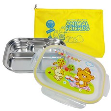 印花不鏽鋼餐盤便當盒組, 混色, 餐盤+蓋子+收納袋