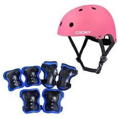 CRONY 安全帽 + 護具組 CR1, 粉紅色(安全帽) + 藍色(護具)
