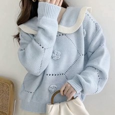 Paperments 女性撞色圓領立體花朵厚實長袖針織毛衣 02874