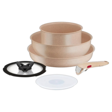 Tefal 特福 巧變精靈系列 鍋具6件組, 28公分平底鍋 + 18公分湯鍋 + 26公分炒鍋 + 可拆式把手 + 18公分玻璃鍋蓋 + 18公分塑膠鍋蓋, 奶茶粉, 1組